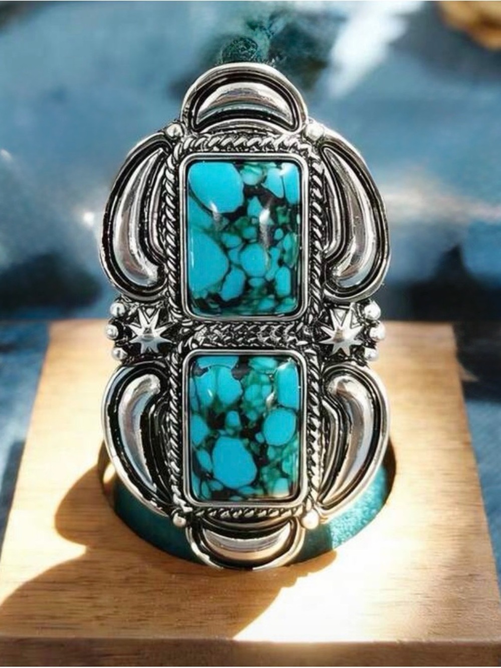 Sterling Silver Turquoise Double Stone Statement Ring - Turquoise